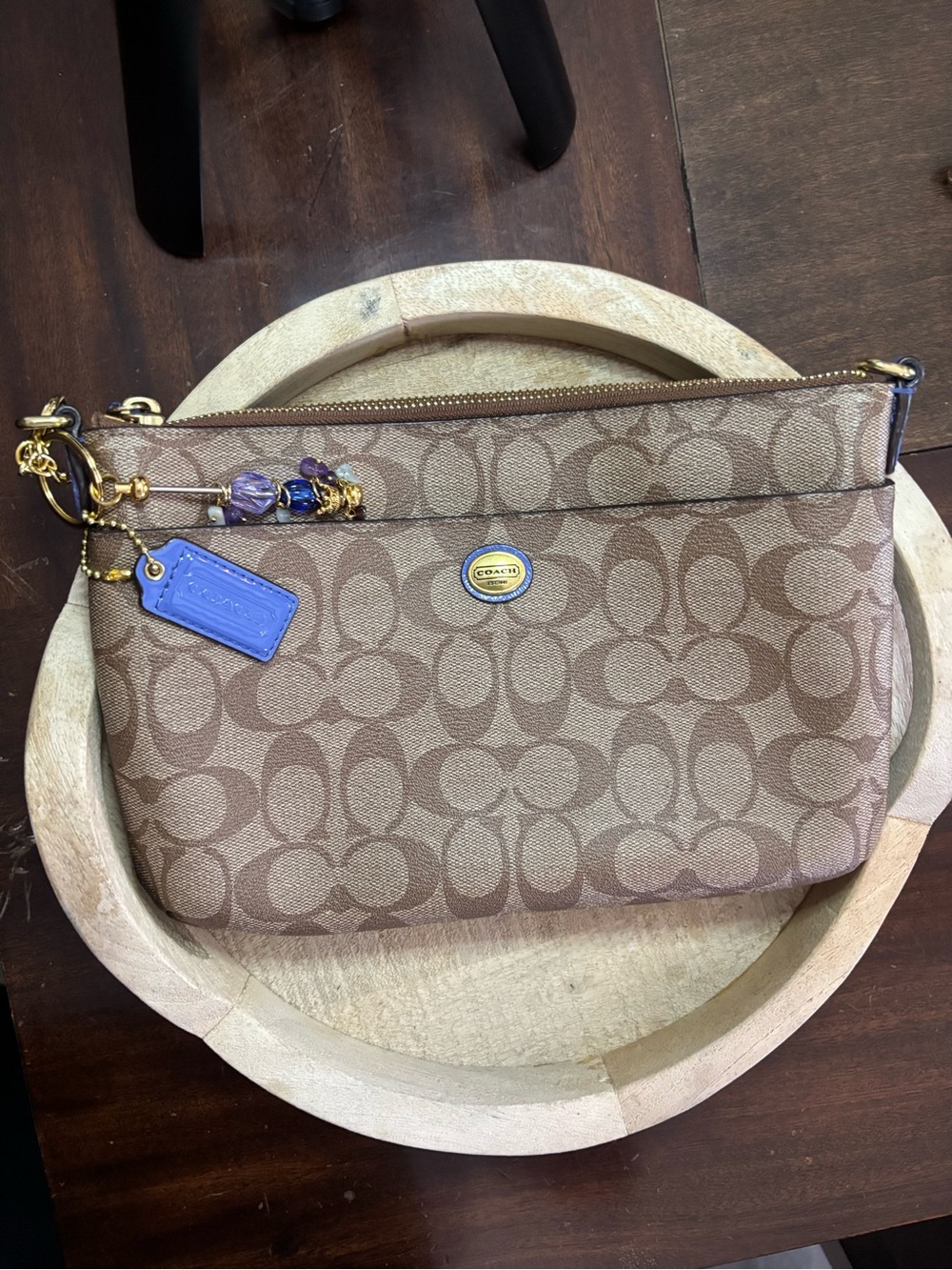 Coach Tan Signature Canvas Wristlet with Blue Tag